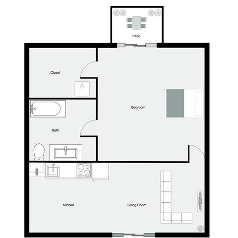 A floor plan of a house with a patio, closet, bath, kitchen, living room, and bedroom.